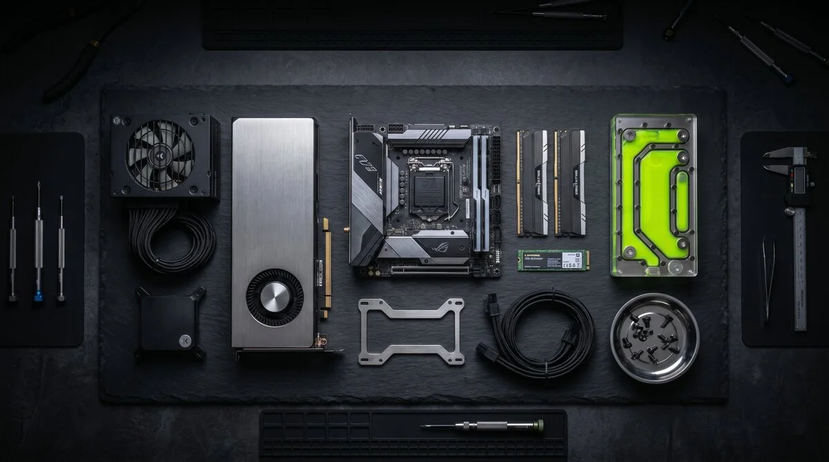Top-Down-Knolling Build: SFX-Netzteil, Mini-ITX-Mainboard, EK-Distroplate mit Lime-Coolant