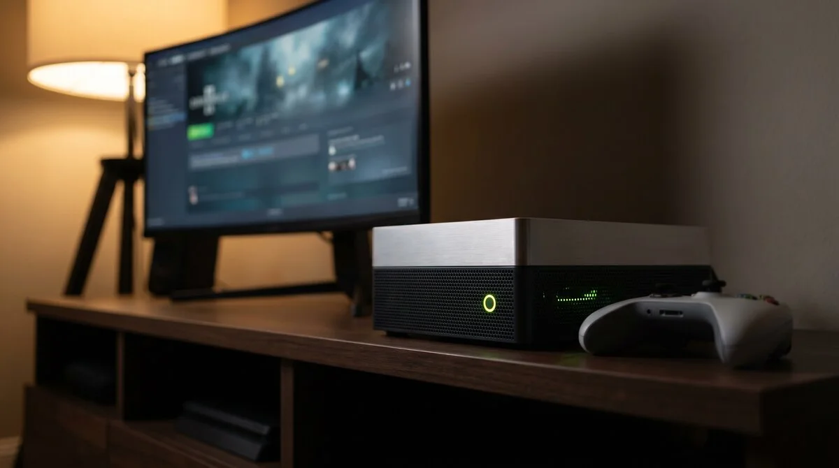 Console-Killer auf TV-Bank: Brushed-Aluminum-Top, Hex-Mesh-Front, Lime-LED-Powerring, neben Xbox-Controller