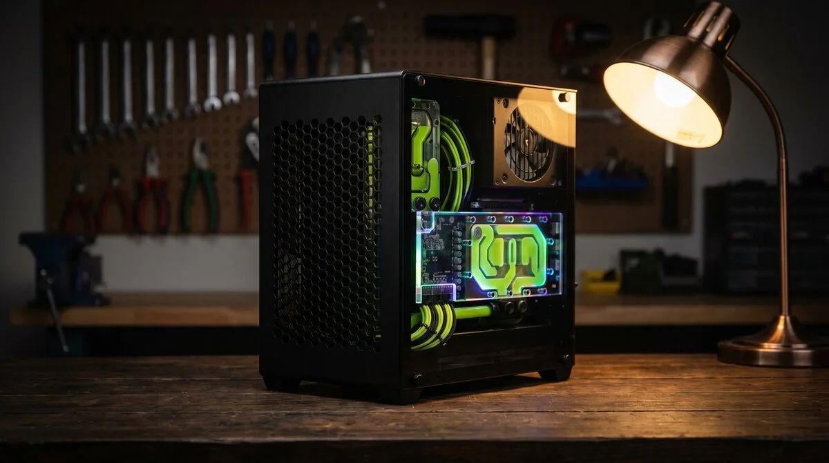 Mini-Cube-Build mit Hex-Mesh-Seitenpanel und Distroplate in der Werkstatt mit Pegboard und Schreibtischlampe