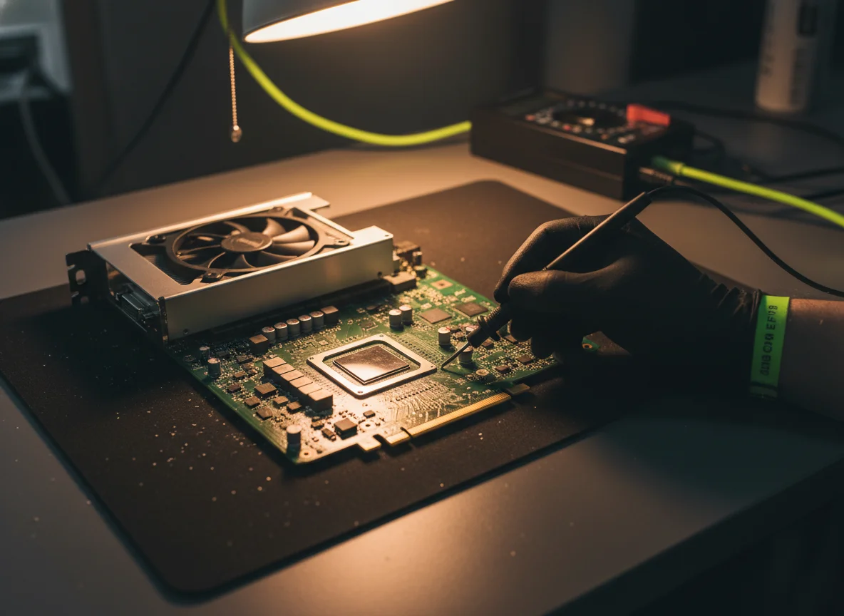 Hardware-Diagnose an einer offenen Gaming-GPU mit Multimeter-Probe