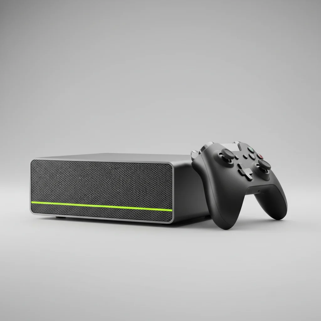 Couch One Produktansicht — flaches Konsolen-Gehäuse in Gunmetal mit Lime-Akzentlinie, daneben ein Controller als Größenvergleich