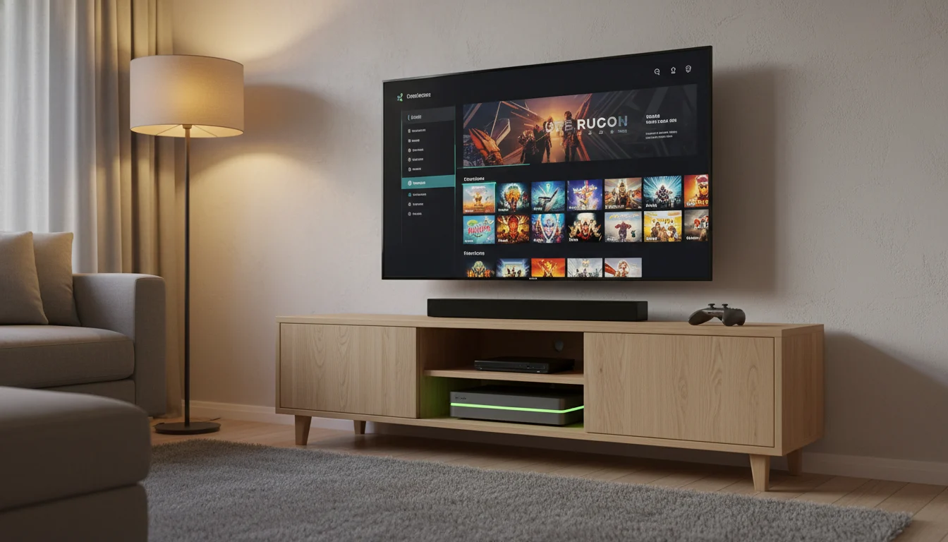 Couch One — kompakter Konsolen-PC im TV-Board unter dem Fernseher, der die Xbox Vollbild-Oberfläche zeigt