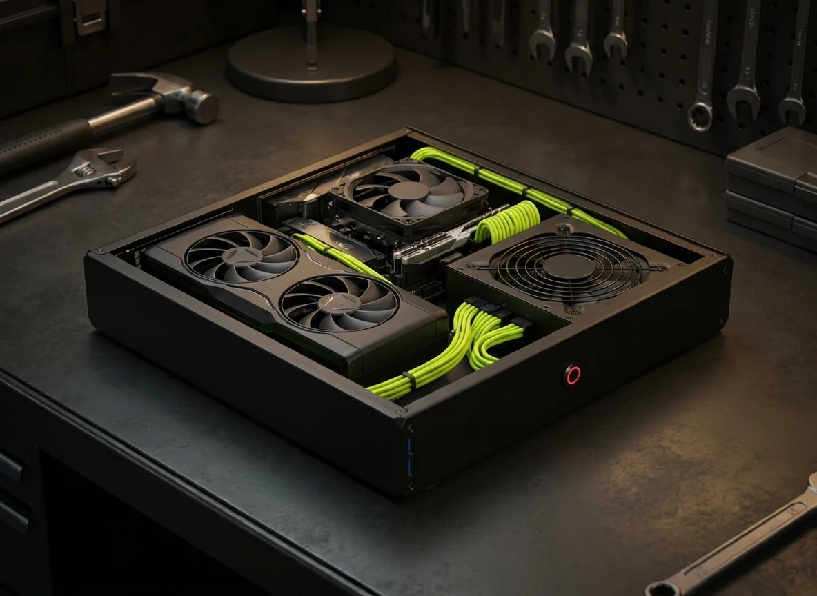 Couch One — Blick in das offene Konsolen-Gehäuse: Radeon RX 9070, Luftkühler und exakt abgelängte Lime-Kabel im Gunmetal-Innenraum