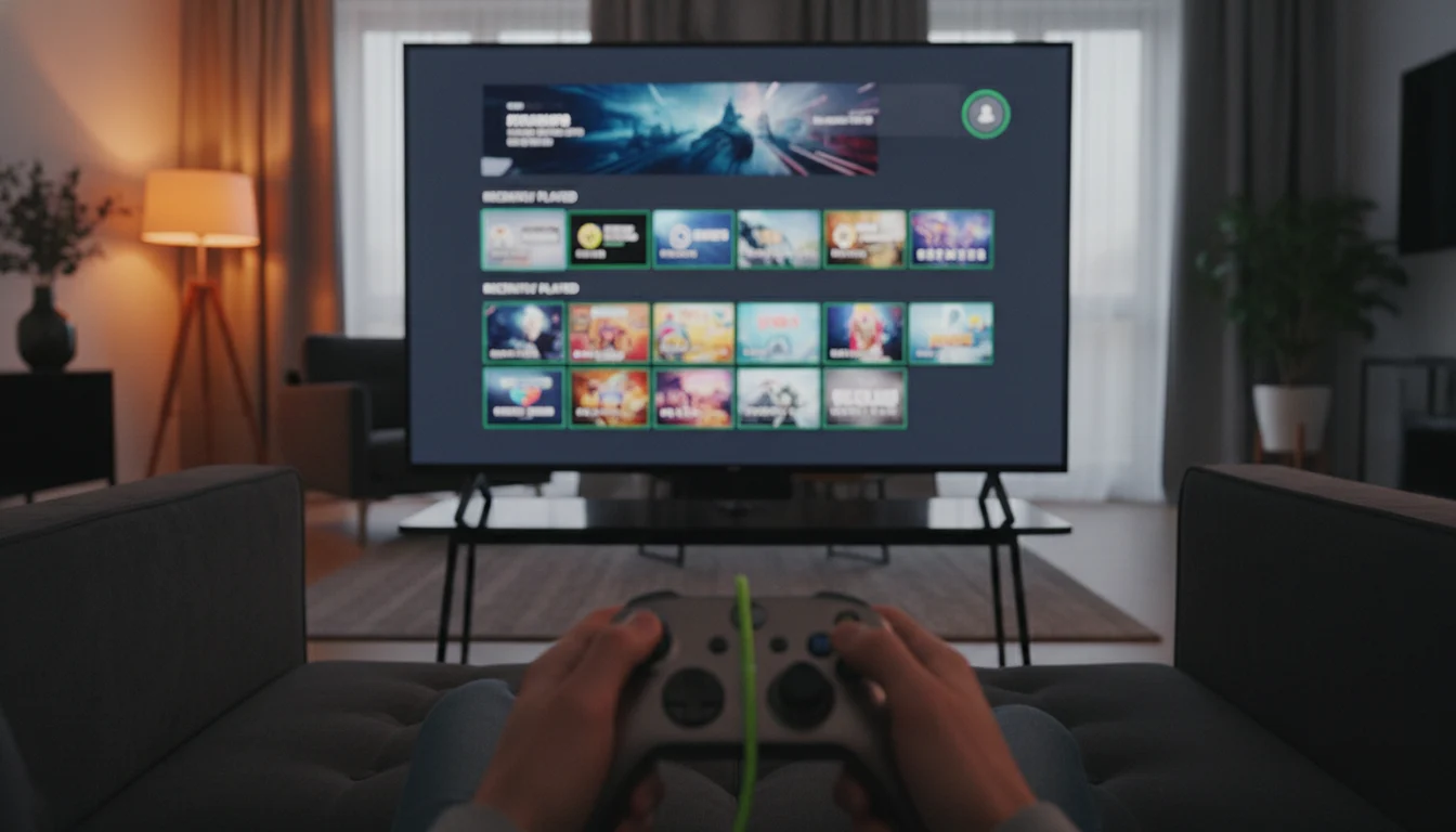 Sofa-Blick auf den Fernseher mit der Xbox Vollbild-Oberfläche — Spielebibliothek mit Controller in der Hand