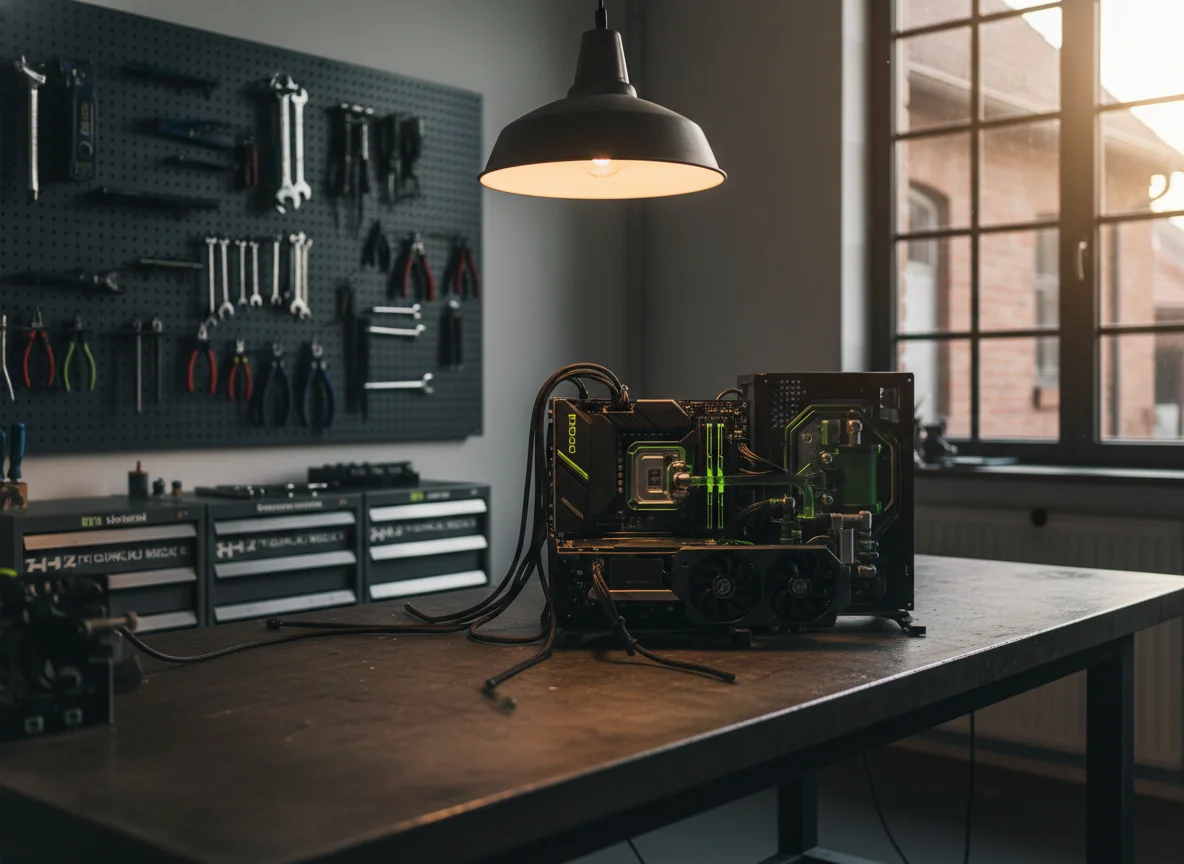 CodLab Gaming Werkstatt Regensburg — Werkbank mit Build-in-Progress, Pegboard mit Tools