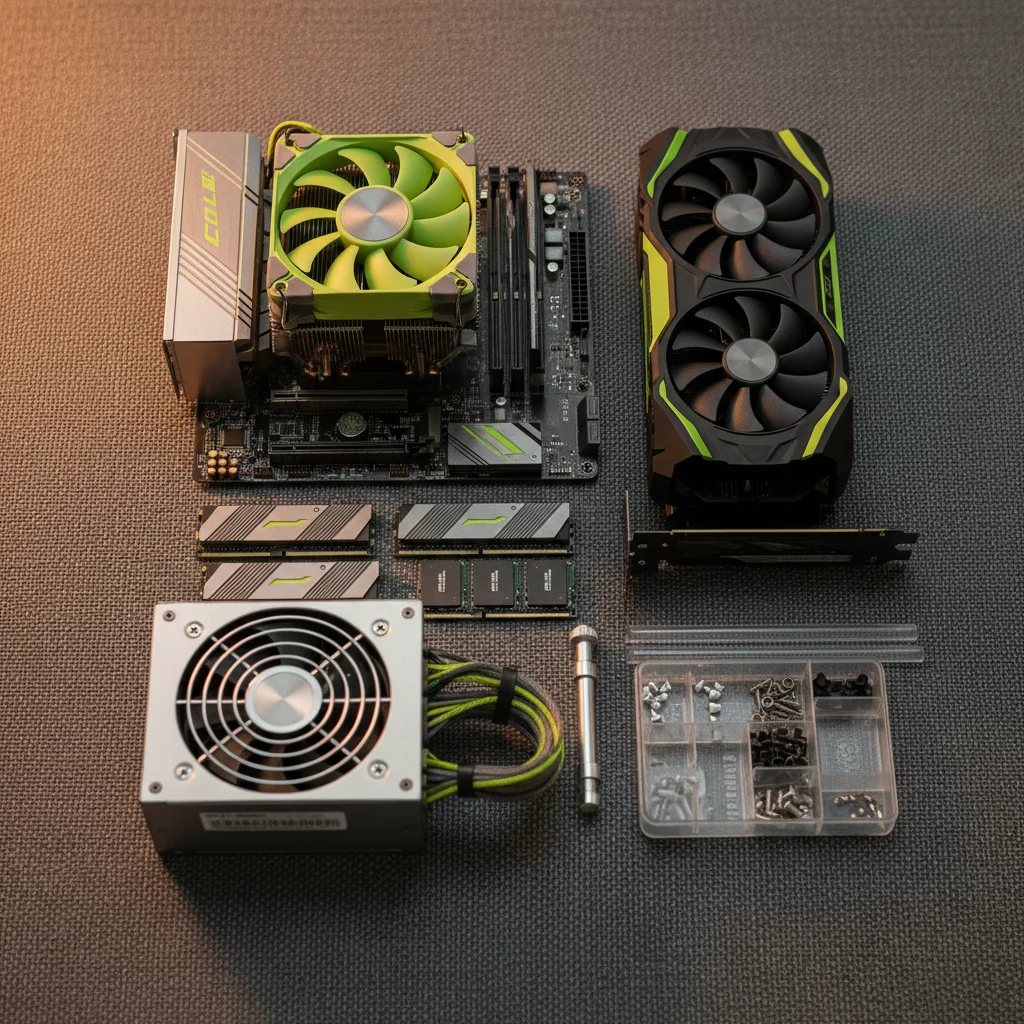 Component-Knolling auf Gunmetal-Werkbank — Motherboard, GPU, RAM, custom Cables in Lime