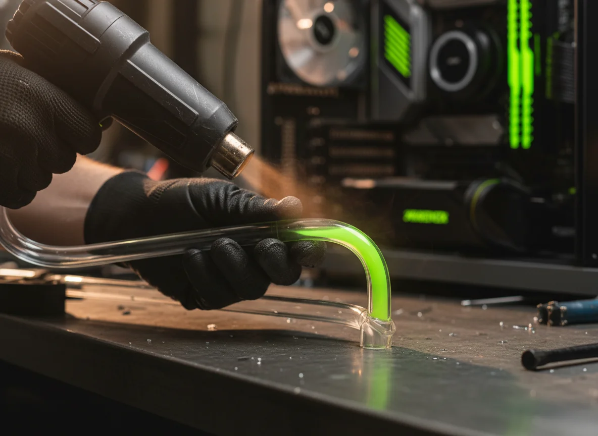 Hardline-Wasserkühlung mit Lime-Coolant in der Werkstatt — gebogenes Acryl-Rohr