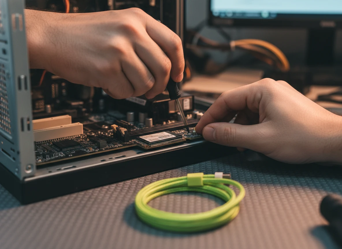 Hände bauen eine neue NVMe-SSD in einen älteren PC ein — Upgrade und Linux-Setup in der Werkstatt